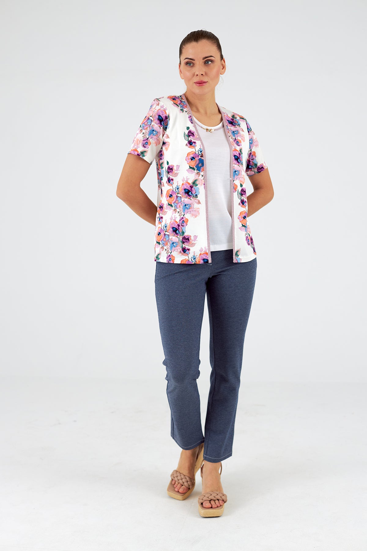 Conjunto simulado de mujer cuello redondo manga corta